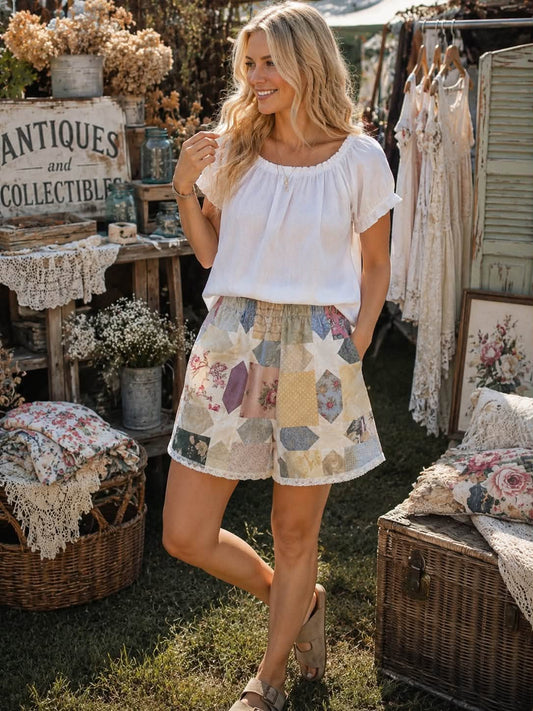 Vintage Patchwork Quilt Romantic Floral Elastic Waist Shorts