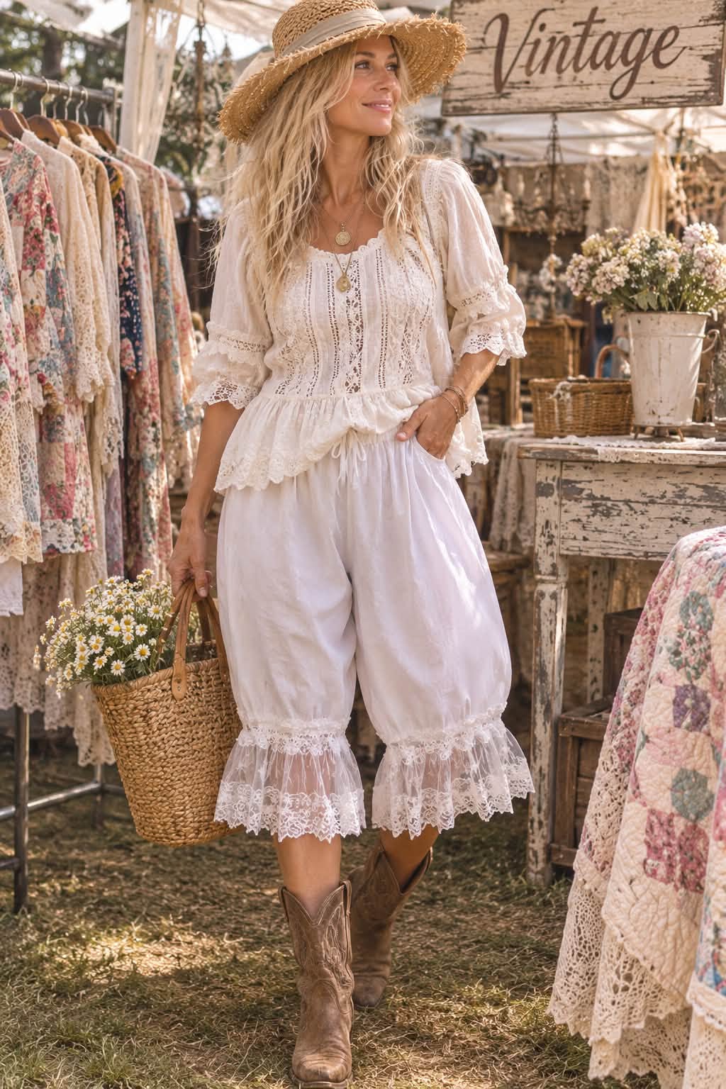 Cotton Blend WHITE LACE Lantern Bloomer Loose Fit High Waist Lace Pants Women