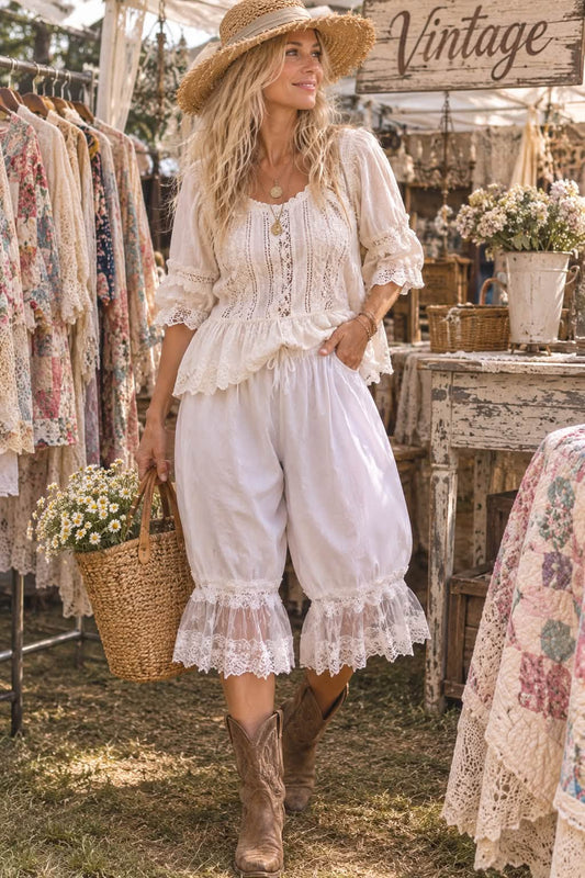 Cotton Blend WHITE LACE Lantern Bloomer Loose Fit High Waist Lace Pants Women
