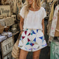 Cream Vintage Quilt Top 4 Point STARS Elastic Waist Shorts