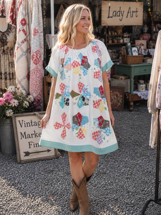White Vintage Quilt Star Summer Weight Quilt Peasant Babydoll Dress L/XL/1X