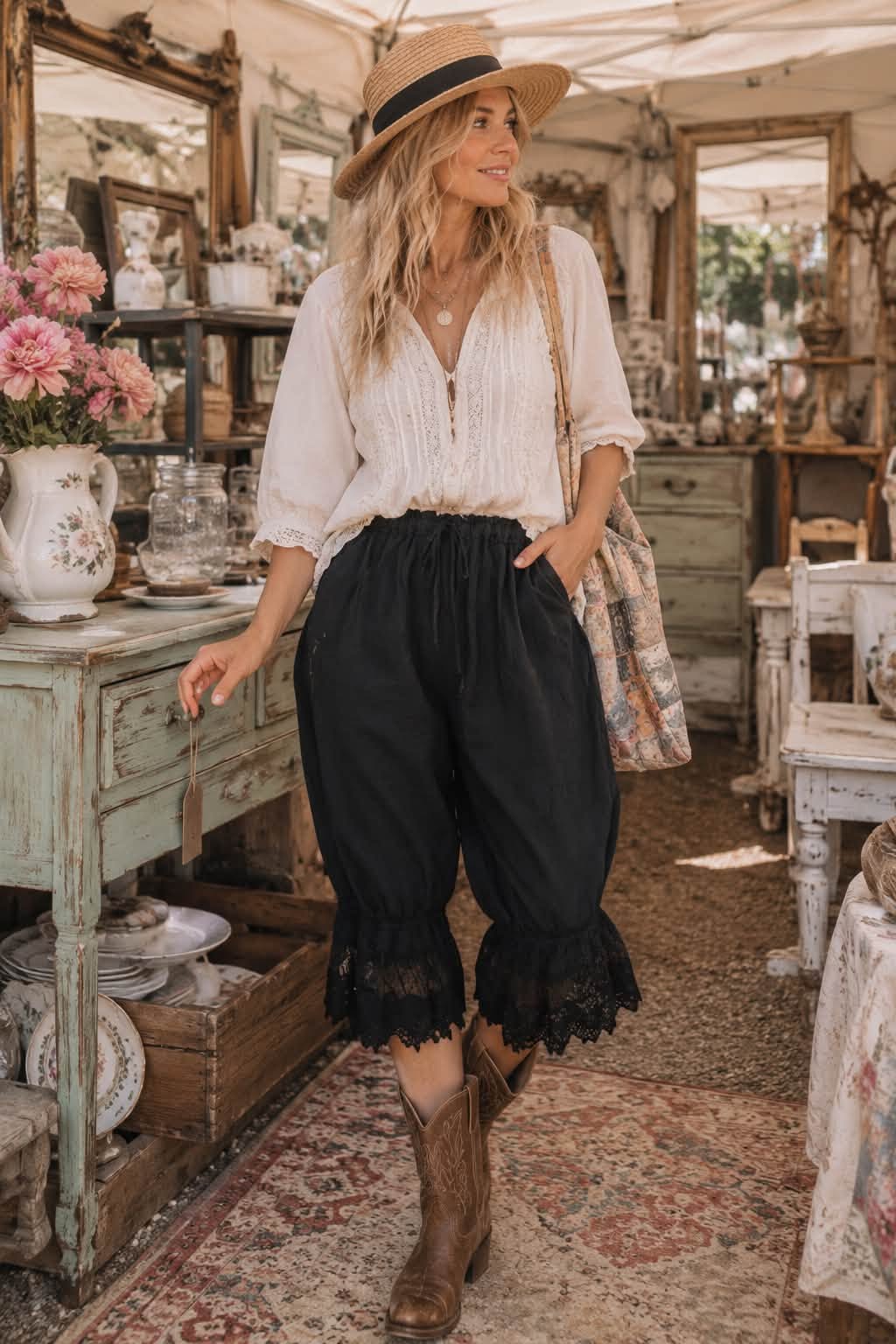 Cotton Blend BLACK LACE Lantern Bloomer Loose Fit High Waist Lace Pants Women
