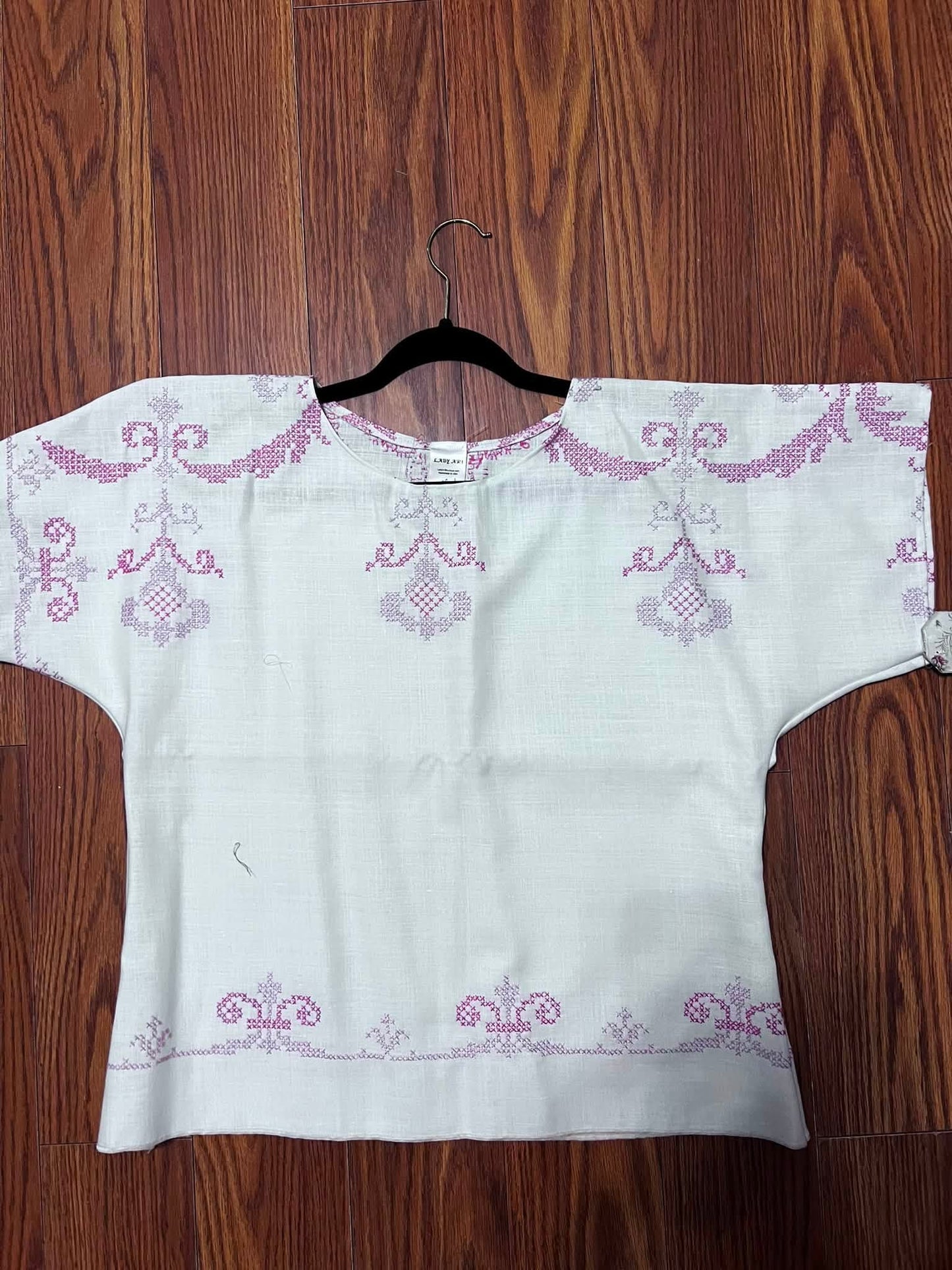 Vintage Pink Embroidered Cross stiched Cream Linen Tablecloth Box Top