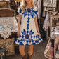 Blue & Cream Quilt Top Babydoll Peasant Dress S/M