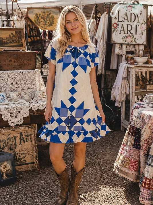 Blue & Cream Quilt Top Babydoll Peasant Dress S/M