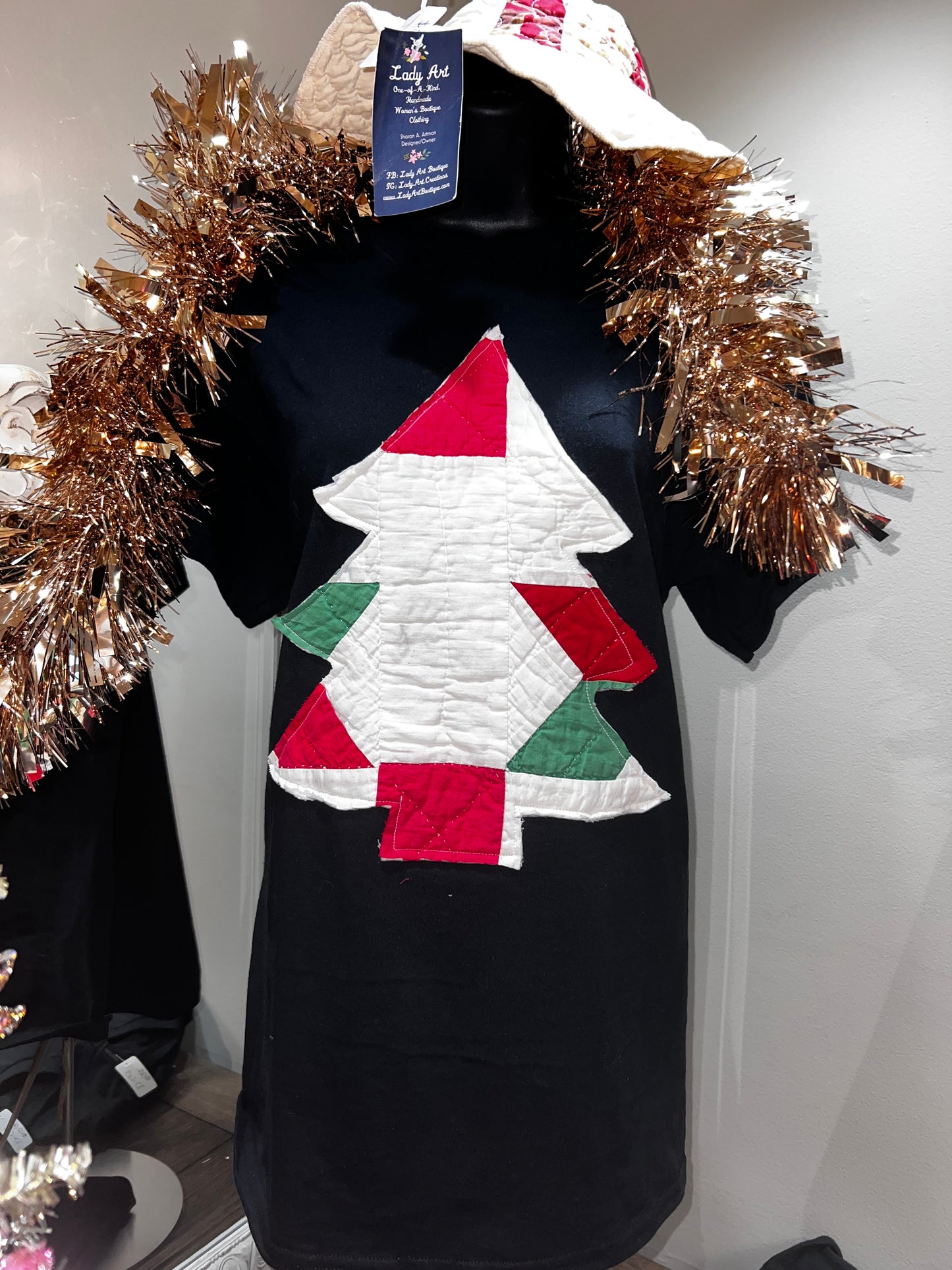 Vintage Quilted Christmas Tree Appliqué NEW Black Tee Shirt 100% Cotton Patchwork Top, Christmas Holiday Season,