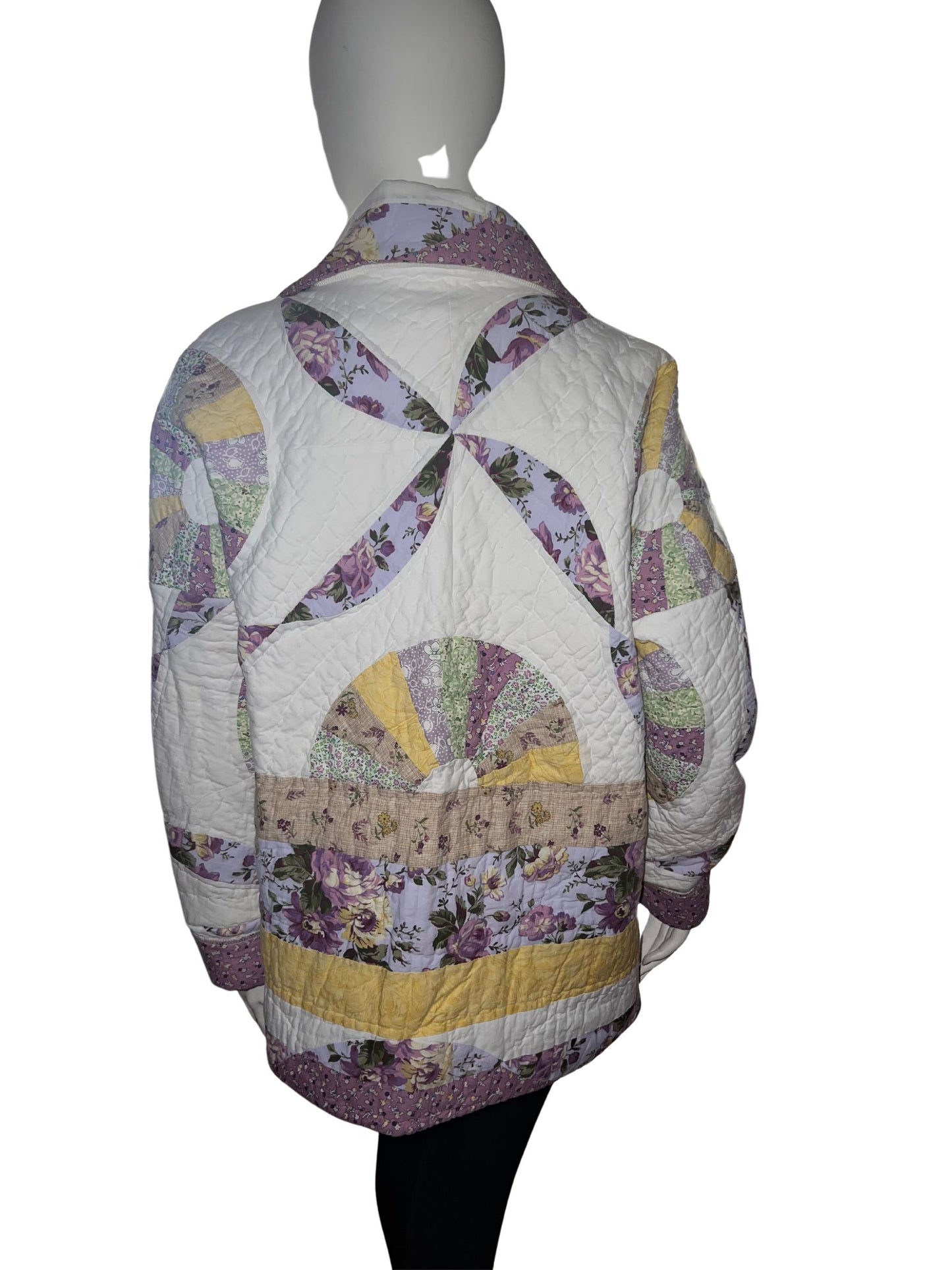 Quilt Coat Jacket - Dresden Plate,  lavender, shades of purple and yellow Vintage from 40’s Design Patchwork Floral Vintage Quilt Fits Most