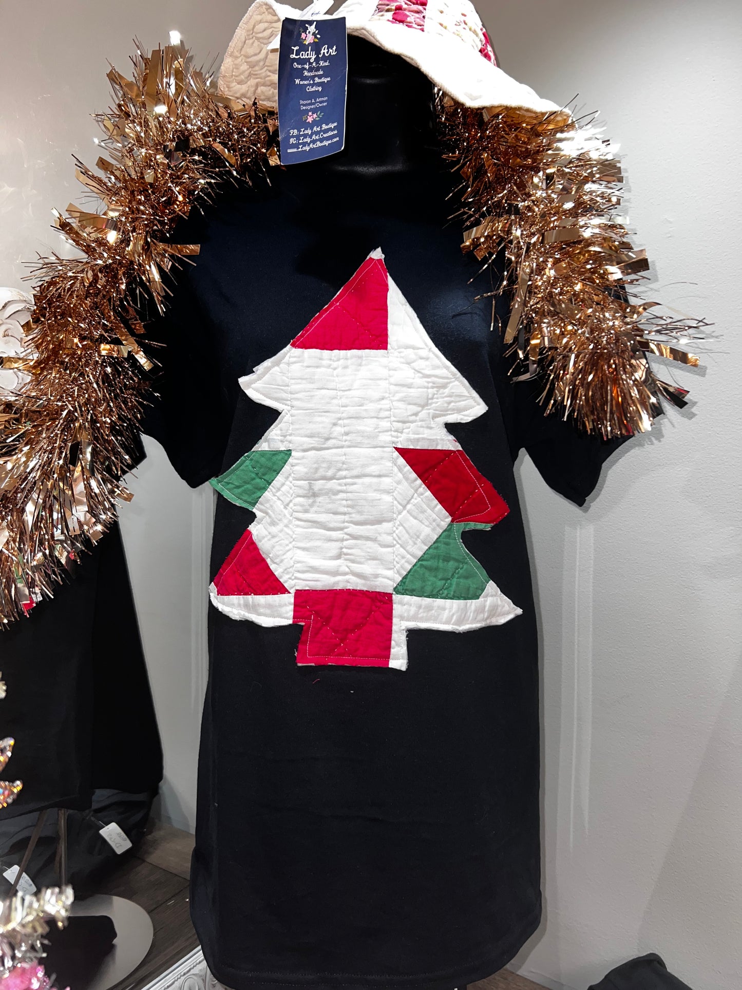 Vintage Quilted Christmas Tree Appliqué NEW Black Tee Shirt 100% Cotton Patchwork Top, Christmas Holiday Season,