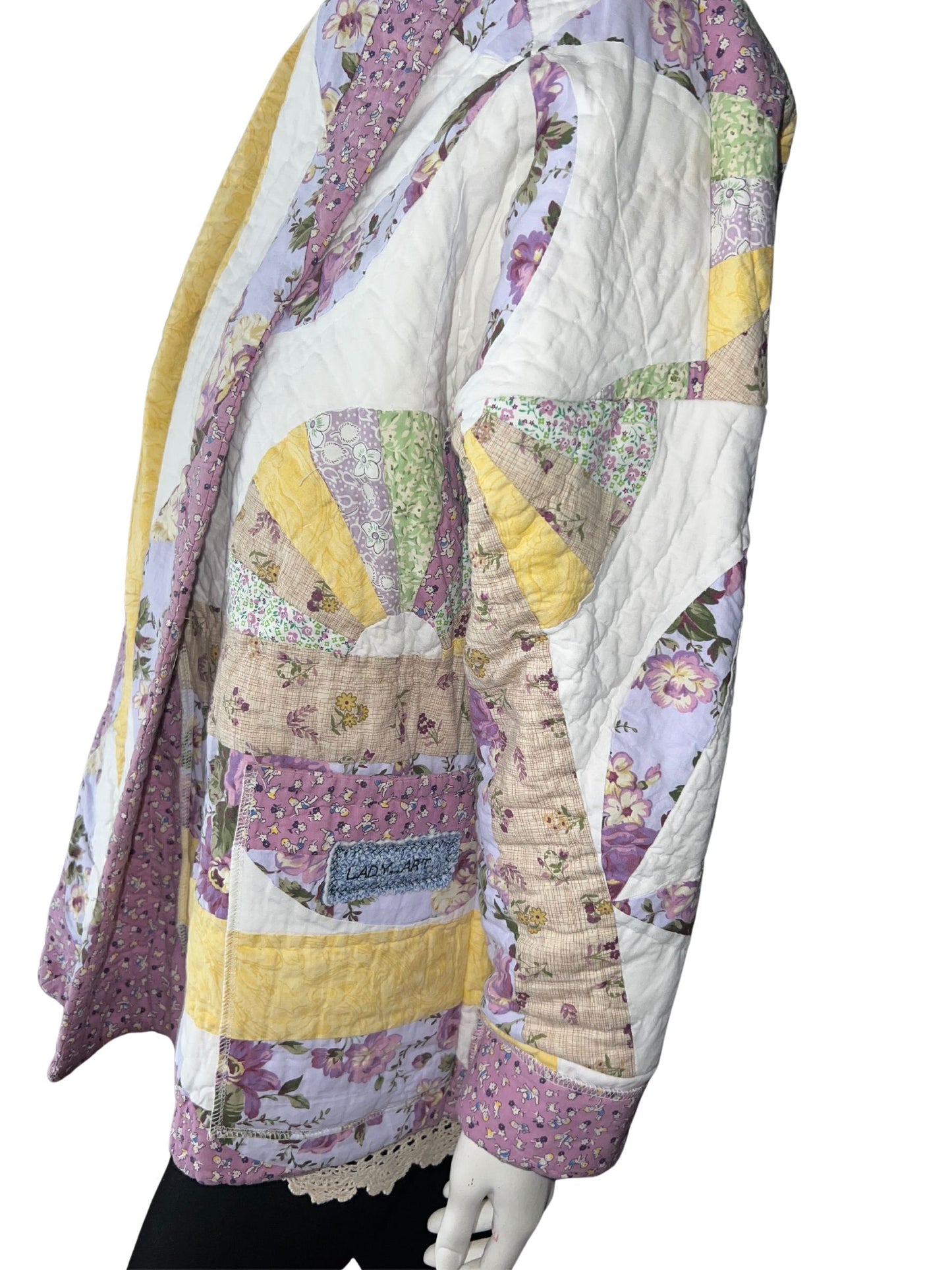 Quilt Coat Jacket - Dresden Plate,  lavender, shades of purple and yellow Vintage from 40’s Design Patchwork Floral Vintage Quilt Fits Most