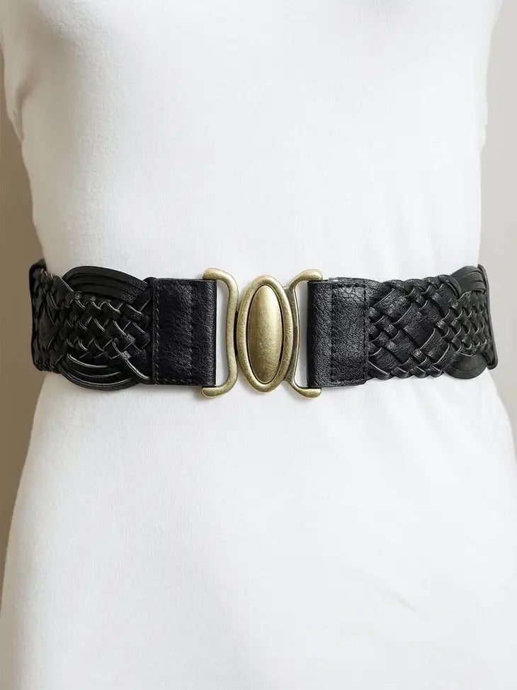 BLACK Braided Vegan Leather Elastic Belt with Oval Buckle