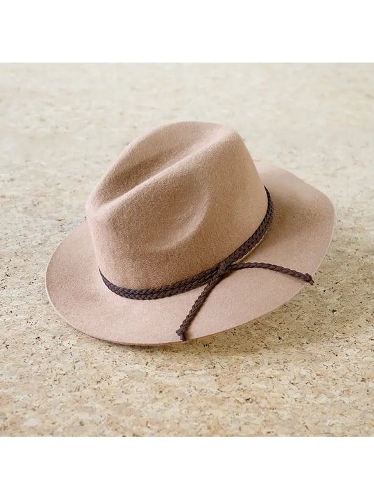 TAUPE Wool Felt w/Braided Strap Fedora Hat