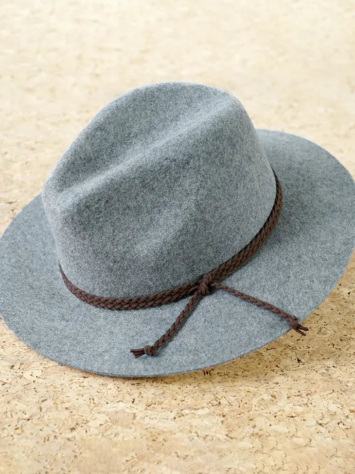 SMOKEY GRAY Wool Felt w/Braided Strap Fedora Hat